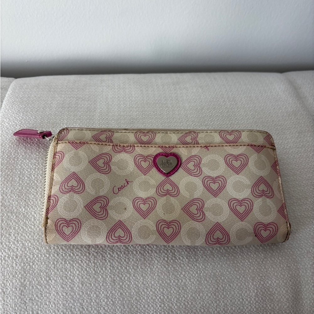 Coach Beige and Pink Heart Pattern Wallet